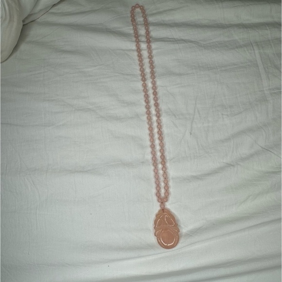 Vintage Hand Knotted Rose Quartz Necklace With Large Carved Peach Pendant - Picture 5 of 11